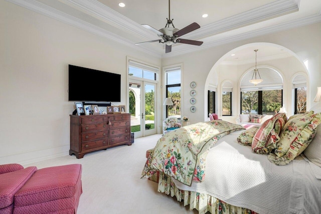 bedroom featuring french doors, ornamental molding, baseboards, access to outside, and carpet floors