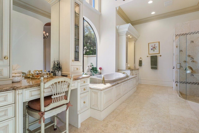full bath featuring ornamental molding, baseboards, a garden tub, and a shower stall