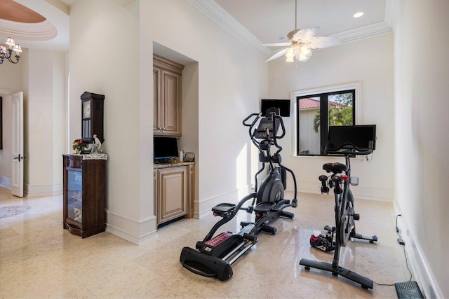 workout room featuring ceiling fan with notable chandelier, crown molding, and baseboards