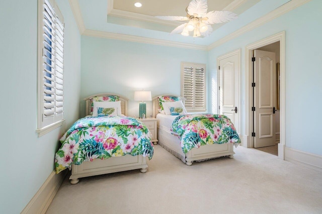 bedroom with crown molding, ceiling fan, and light carpet