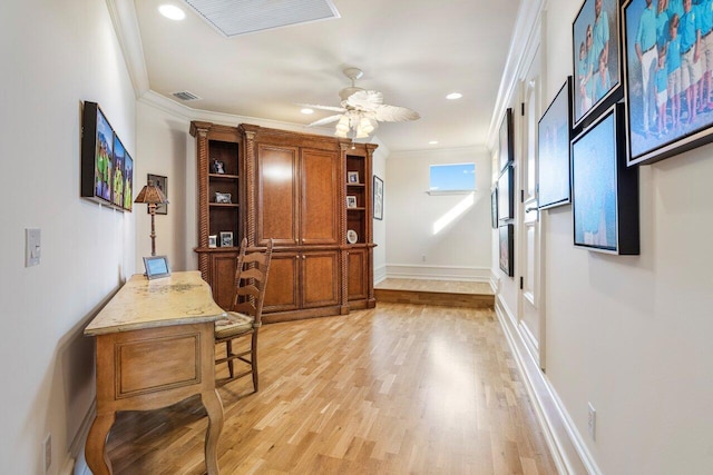 office space featuring visible vents, crown molding, ceiling fan, recessed lighting, and light wood-type flooring