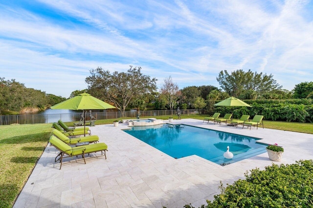 view of swimming pool with a water view, a yard, an in ground hot tub, and a patio area