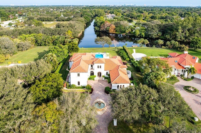 bird's eye view with a water view