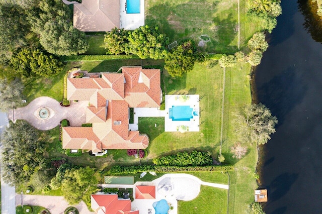 drone / aerial view featuring a water view