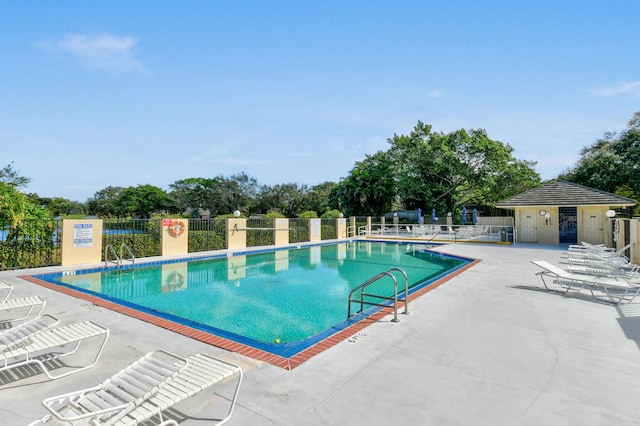 view of swimming pool featuring a patio area