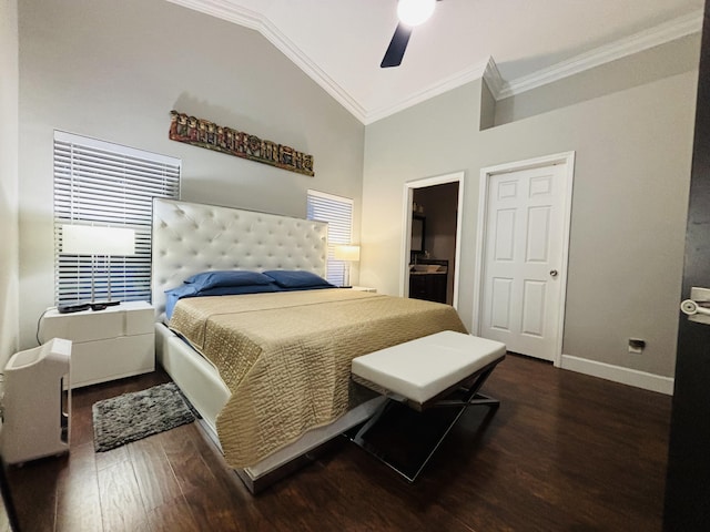 bedroom with crown molding, ceiling fan, dark hardwood / wood-style flooring, and vaulted ceiling