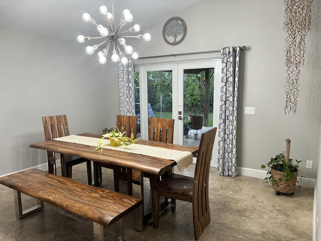 dining area with an inviting chandelier and vaulted ceiling