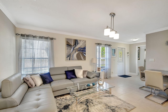 tiled living room with crown molding and a wealth of natural light