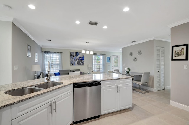 kitchen featuring white cabinetry, stainless steel dishwasher, ornamental molding, and sink