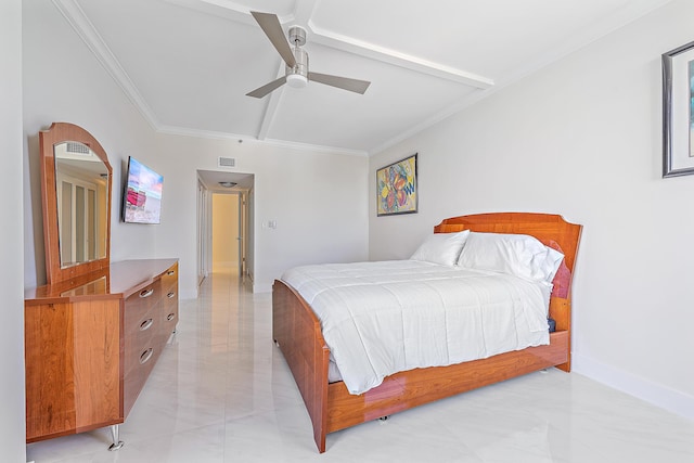 bedroom with ceiling fan and ornamental molding