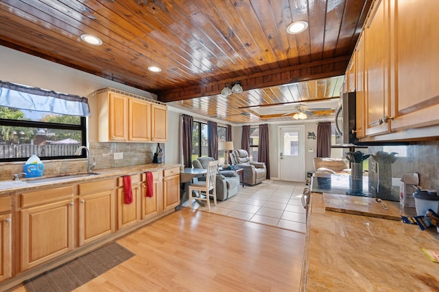 kitchen featuring sink, tasteful backsplash, wood ceiling, light wood-type flooring, and ceiling fan