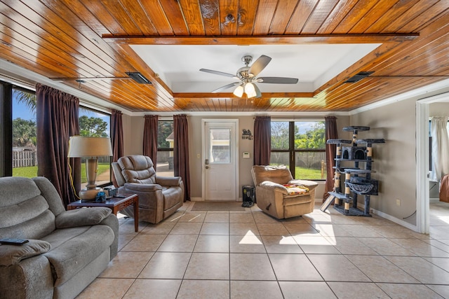 living room featuring light tile patterned flooring, a tray ceiling, and wooden ceiling