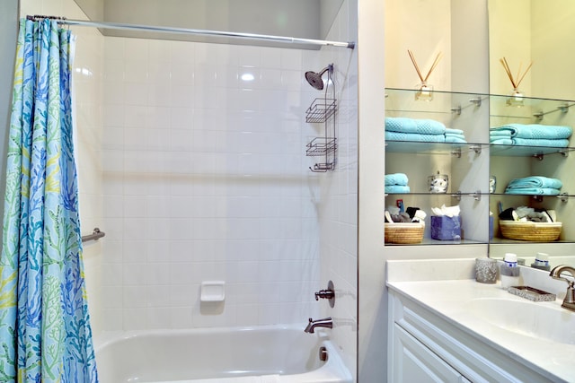 bathroom featuring shower / bath combination with curtain and vanity