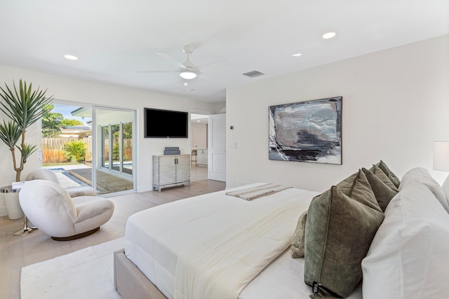 bedroom featuring access to outside and ceiling fan