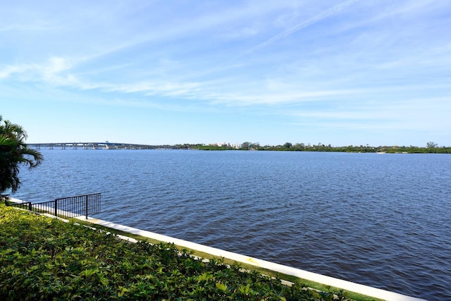 view of water feature with a boat dock