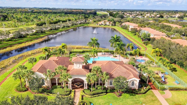 bird's eye view with a water view