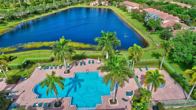 drone / aerial view with a water view