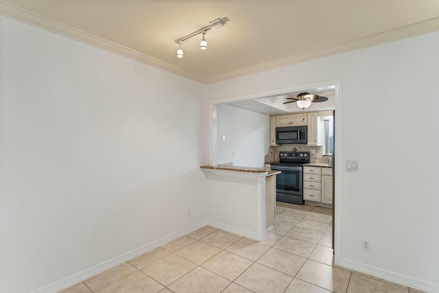 kitchen with electric range oven, decorative backsplash, ornamental molding, light tile patterned floors, and ceiling fan