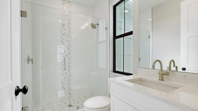 bathroom with vanity, a shower with door, and toilet