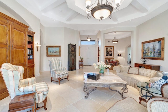 tiled living room featuring an inviting chandelier and beamed ceiling