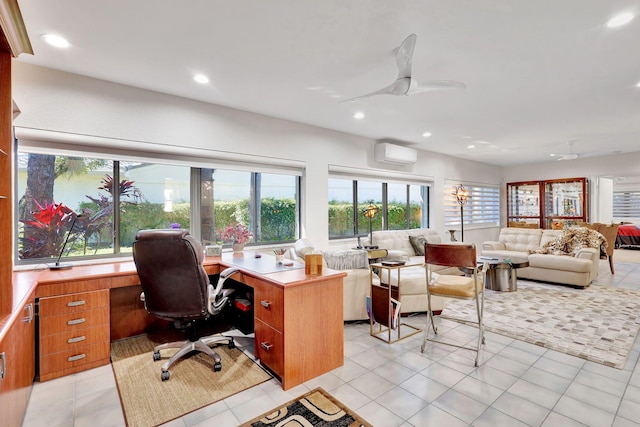 office space with ceiling fan, light tile patterned floors, and a wall mounted AC