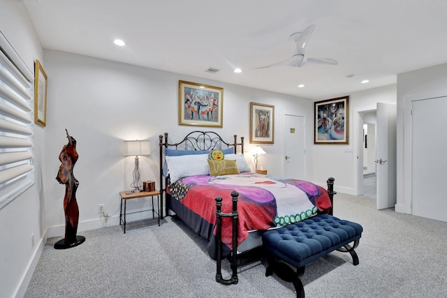 carpeted bedroom featuring ceiling fan