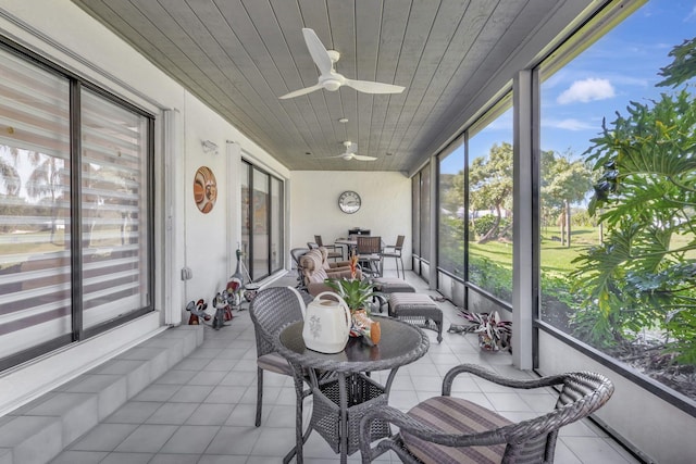 sunroom / solarium with ceiling fan and wood ceiling