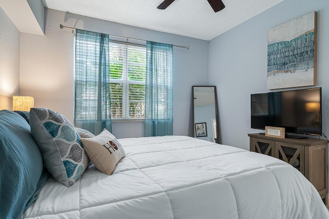 bedroom featuring a textured ceiling and ceiling fan