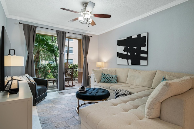 living room with ceiling fan, ornamental molding, and a textured ceiling