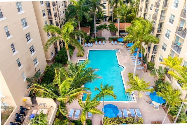 view of swimming pool featuring a patio area