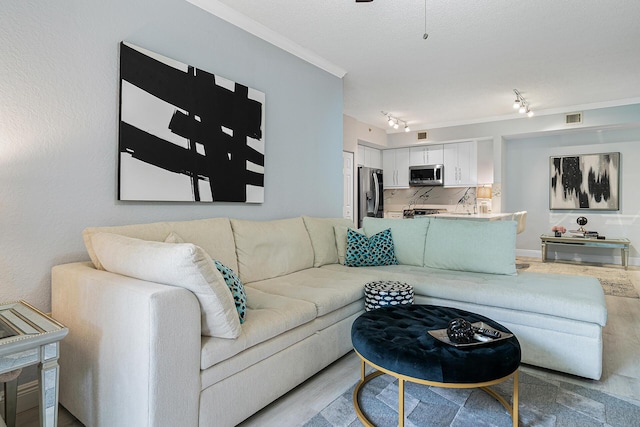 living room featuring crown molding, a textured ceiling, and light wood-type flooring