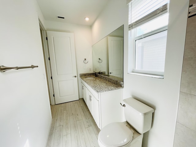 bathroom with wood-type flooring, vanity, and toilet