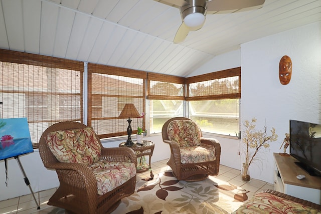 sunroom / solarium featuring vaulted ceiling and ceiling fan