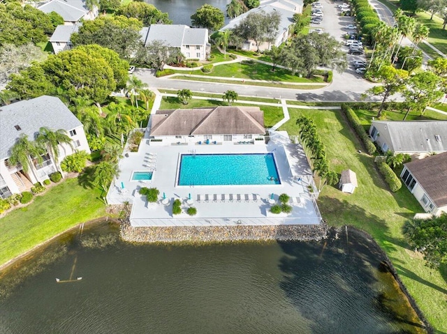 aerial view featuring a water view