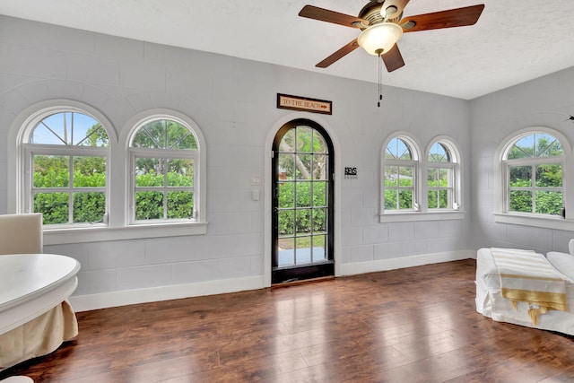 interior space featuring hardwood / wood-style flooring, ceiling fan, plenty of natural light, and a textured ceiling