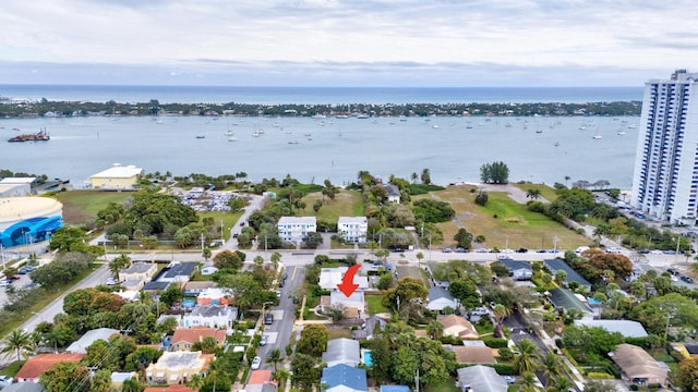 aerial view featuring a water view