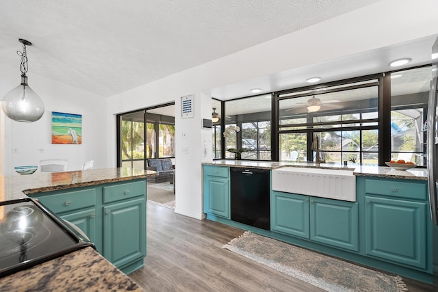 kitchen featuring wood finished floors, a sink, hanging light fixtures, dishwasher, and green cabinetry