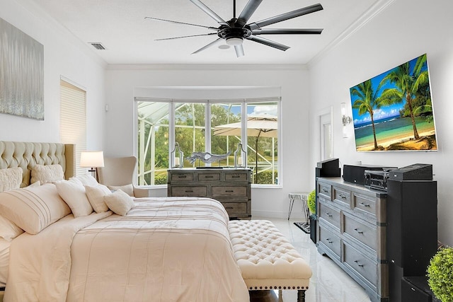 bedroom with crown molding and ceiling fan