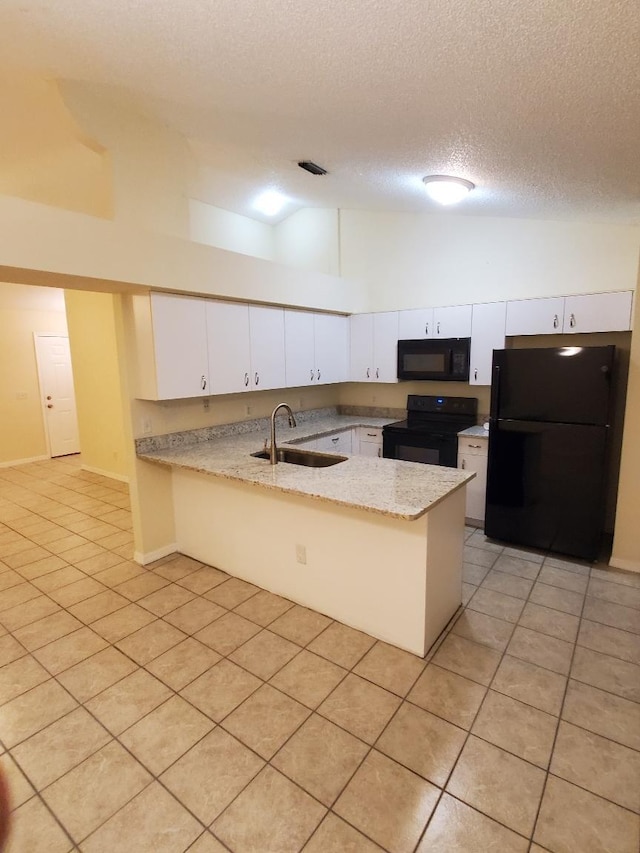 kitchen with white cabinetry, kitchen peninsula, sink, and black appliances