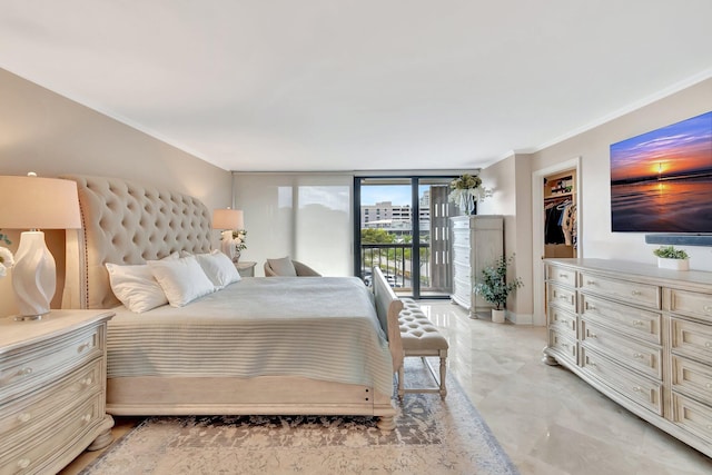 bedroom with access to outside, floor to ceiling windows, crown molding, and baseboards