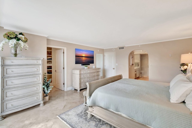 bedroom with ornamental molding, arched walkways, visible vents, and baseboards