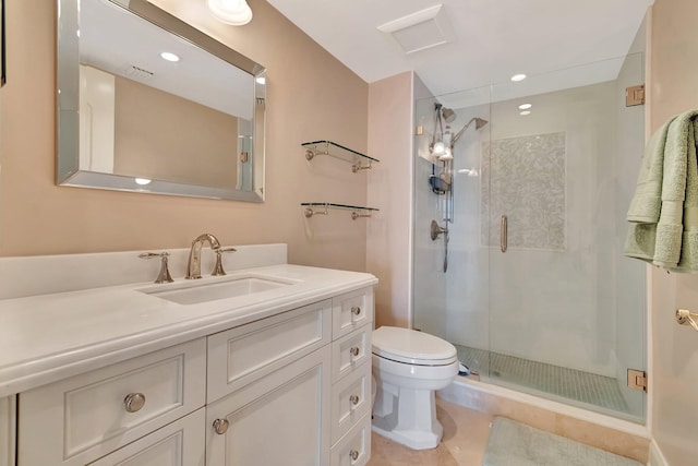 full bathroom featuring visible vents, toilet, tile patterned floors, vanity, and a shower stall