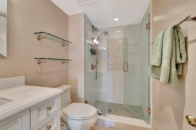 full bath featuring recessed lighting, visible vents, toilet, a shower stall, and vanity