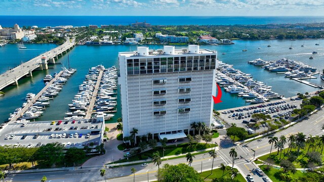 drone / aerial view featuring a water view