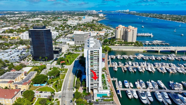 bird's eye view with a view of city and a water view