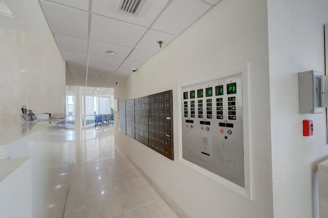 hall featuring mail area, visible vents, and a drop ceiling