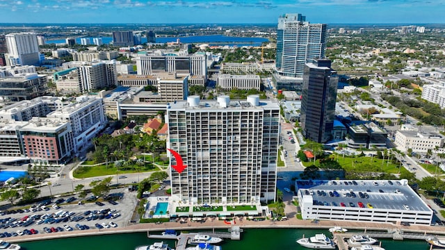 aerial view with a water view and a city view