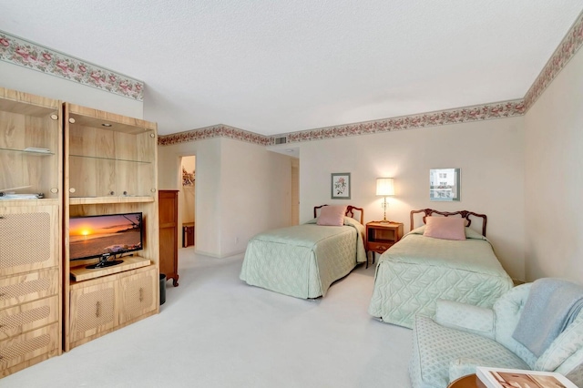 carpeted bedroom with a spacious closet and a textured ceiling