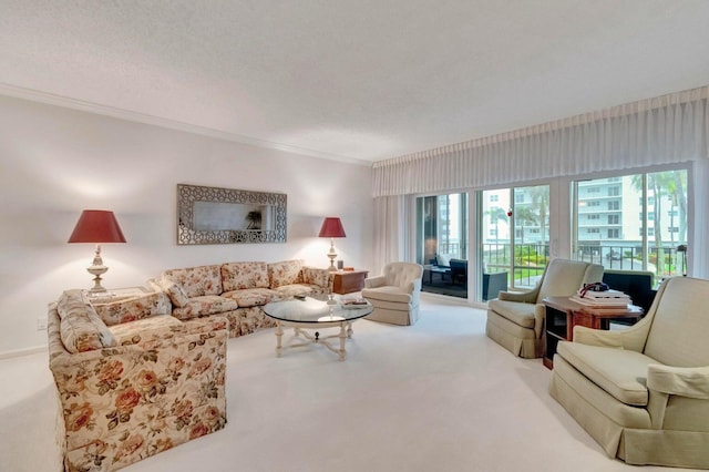 living room featuring ornamental molding, carpet floors, and a textured ceiling