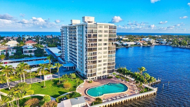 bird's eye view with a water view